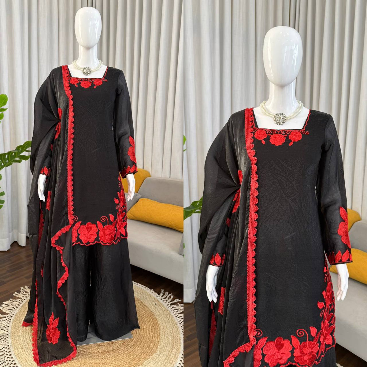 Black Red Fendy Silk 3 Piece Readymade Salwar Suit Set for Women