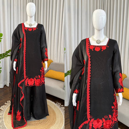 Black Red Fendy Silk 3 Piece Readymade Salwar Suit Set for Women