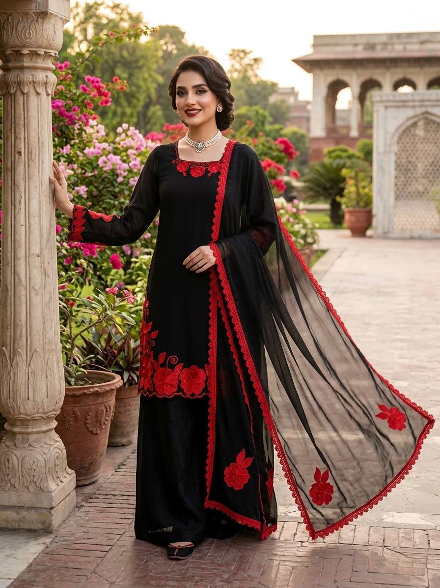 Black Red Fendy Silk 3 Piece Readymade Salwar Suit Set for Women