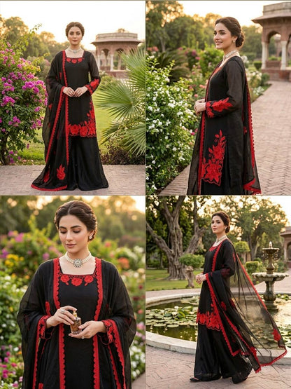 Black Red Fendy Silk 3 Piece Readymade Salwar Suit Set for Women