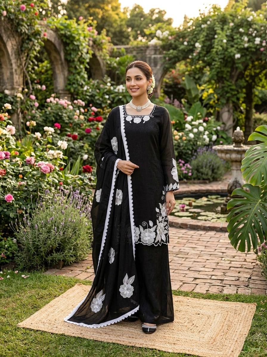 Black White Floral Embroidered Readymade Salwar Suit for Women