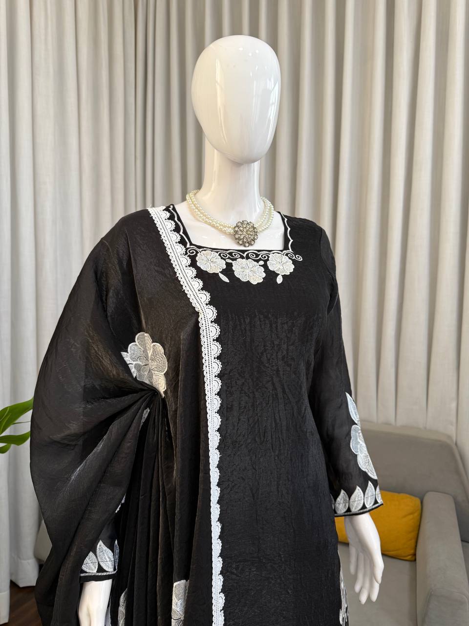 Black White Floral Embroidered Readymade Salwar Suit for Women
