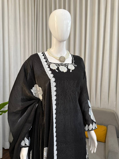 Black White Floral Embroidered Readymade Salwar Suit for Women