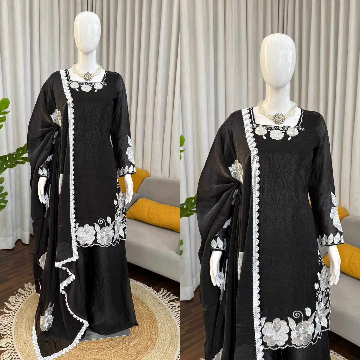 Black White Floral Embroidered Readymade Salwar Suit for Women