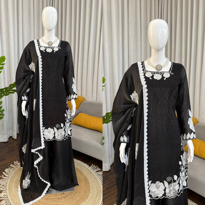 Black White Floral Embroidered Readymade Salwar Suit for Women