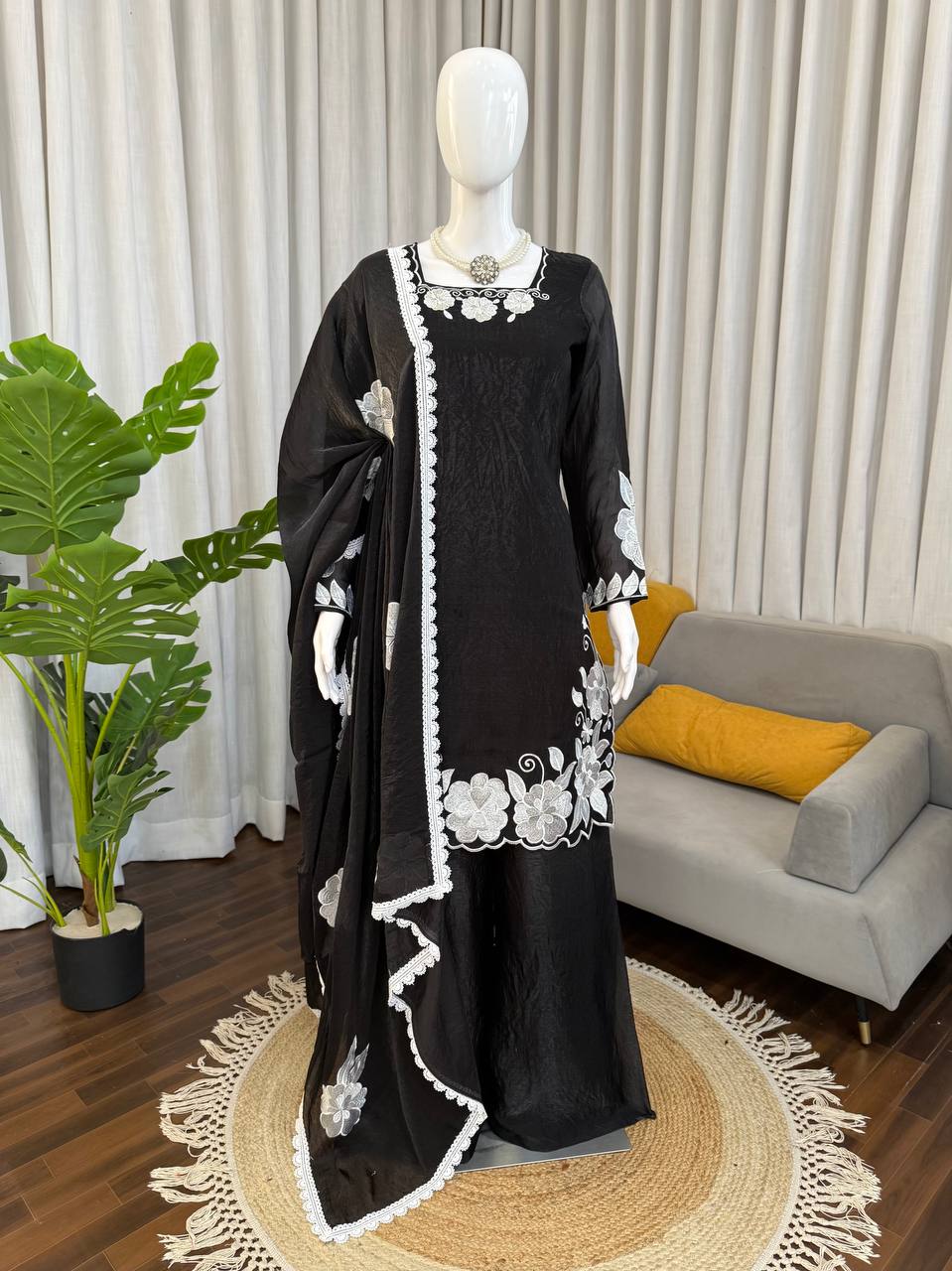 Black White Floral Embroidered Readymade Salwar Suit for Women