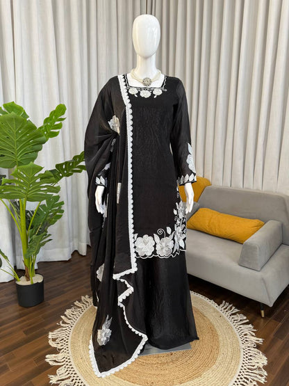 Black White Floral Embroidered Readymade Salwar Suit for Women