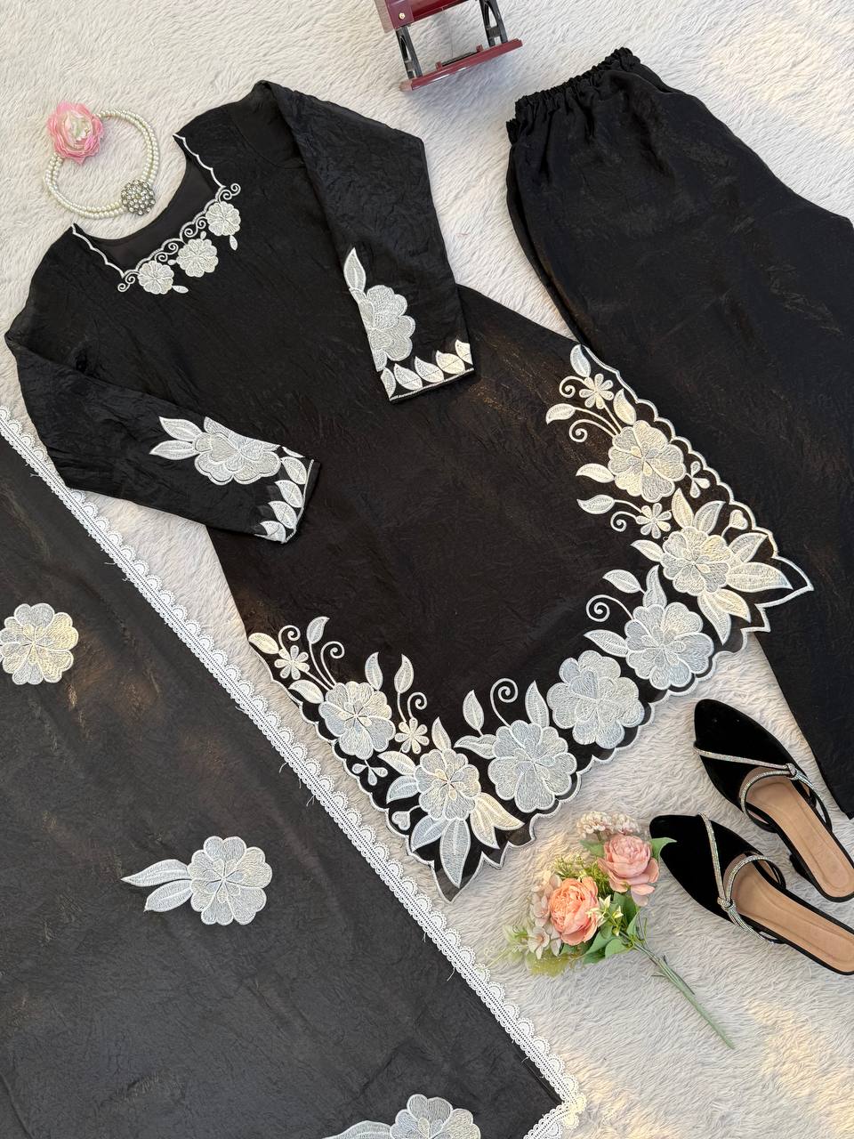 Black White Floral Embroidered Readymade Salwar Suit for Women