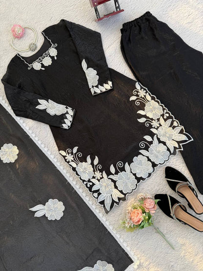 Black White Floral Embroidered Readymade Salwar Suit for Women