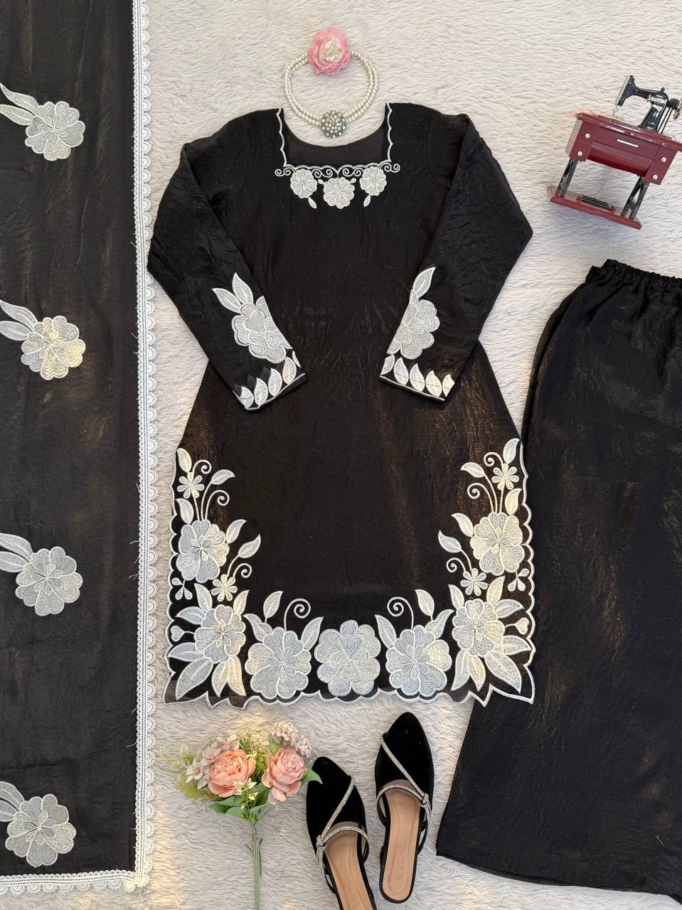 Black White Floral Embroidered Readymade Salwar Suit for Women