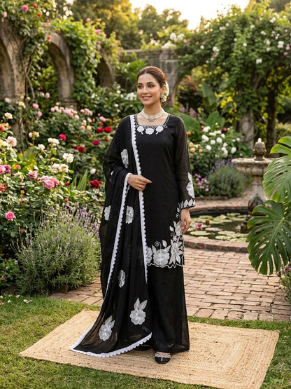 Black White Floral Embroidered Readymade Salwar Suit for Women