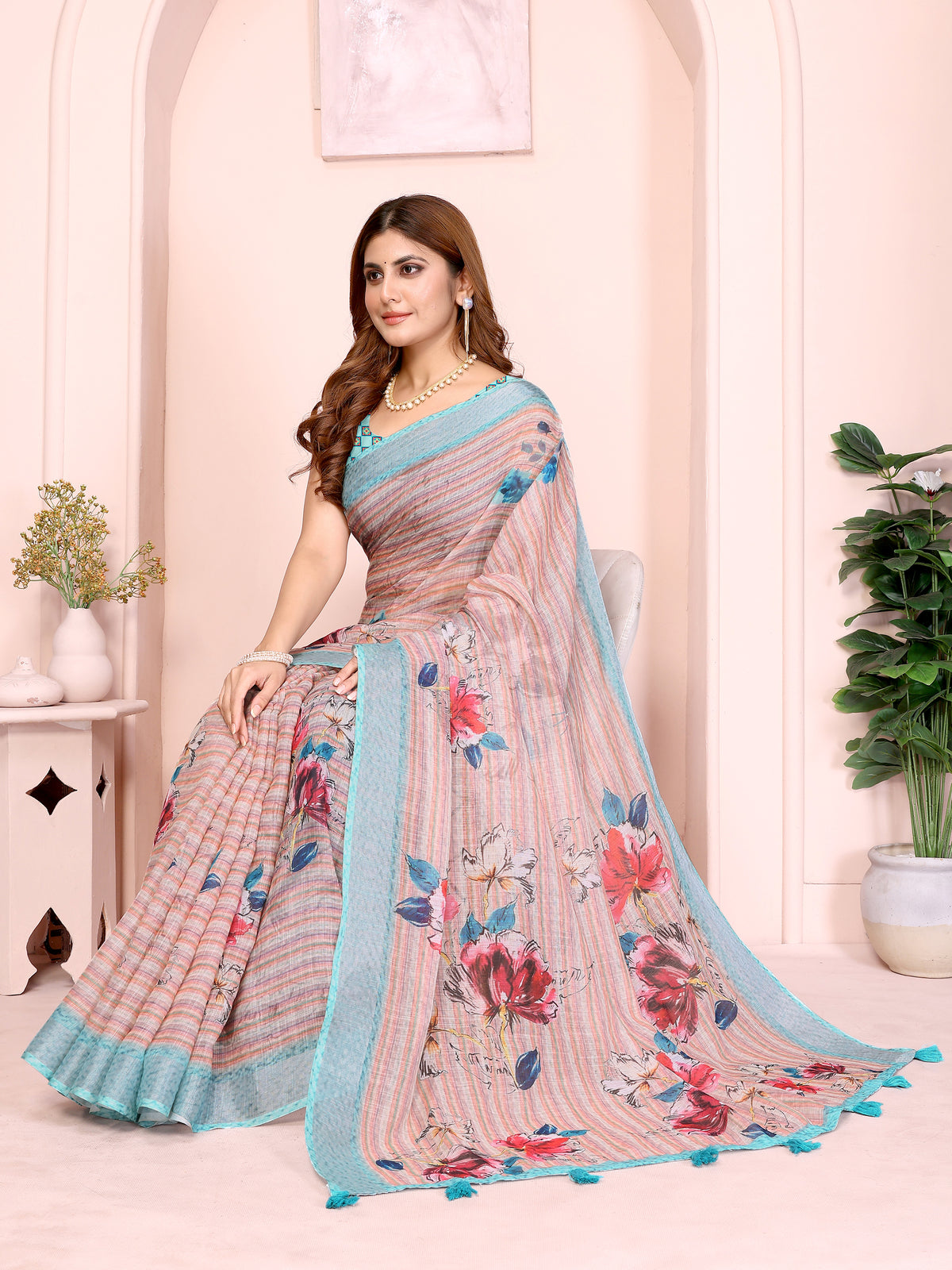 Pastel Linen Cotton Floral Print Saree with Designer Blouse 2