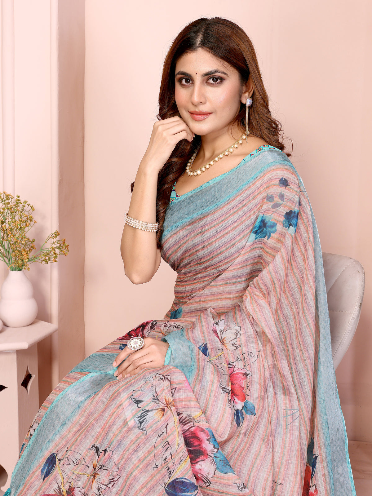 Pastel Linen Cotton Floral Print Saree with Designer Blouse 2