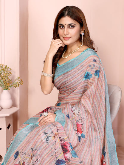 Pastel Linen Cotton Floral Print Saree with Designer Blouse 2
