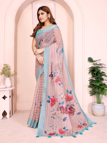 Pastel Linen Cotton Floral Print Saree with Designer Blouse 2
