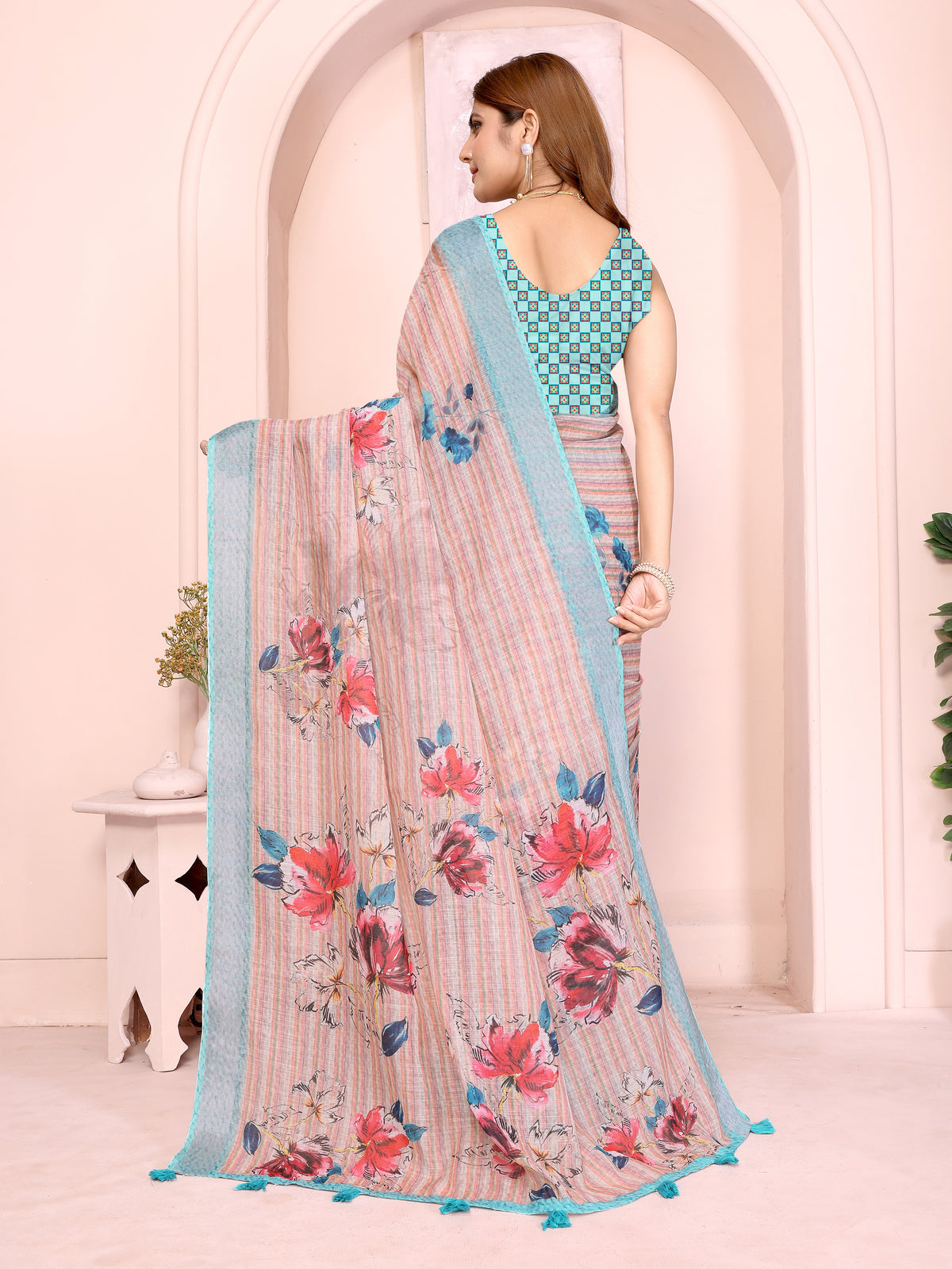 Pastel Linen Cotton Floral Print Saree with Designer Blouse 2