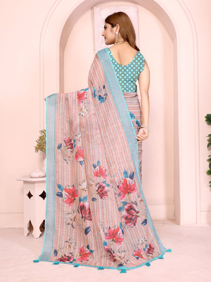 Pastel Linen Cotton Floral Print Saree with Designer Blouse 2