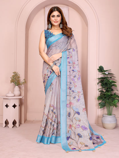 Pastel Linen Cotton Floral Print Saree with Designer Blouse for Women