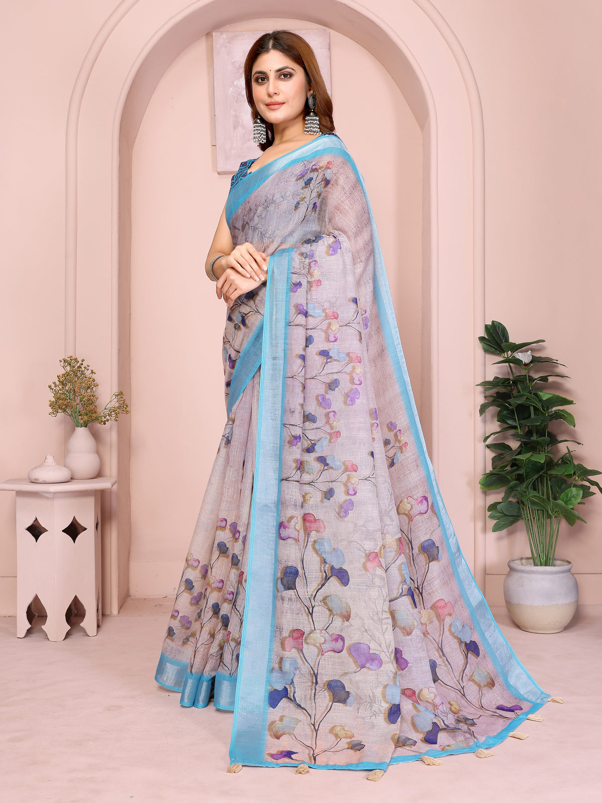 Pastel Linen Cotton Floral Print Saree with Designer Blouse for Women