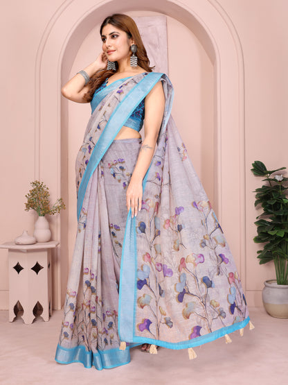 Pastel Linen Cotton Floral Print Saree with Designer Blouse for Women