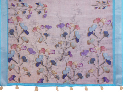 Pastel Linen Cotton Floral Print Saree with Designer Blouse for Women