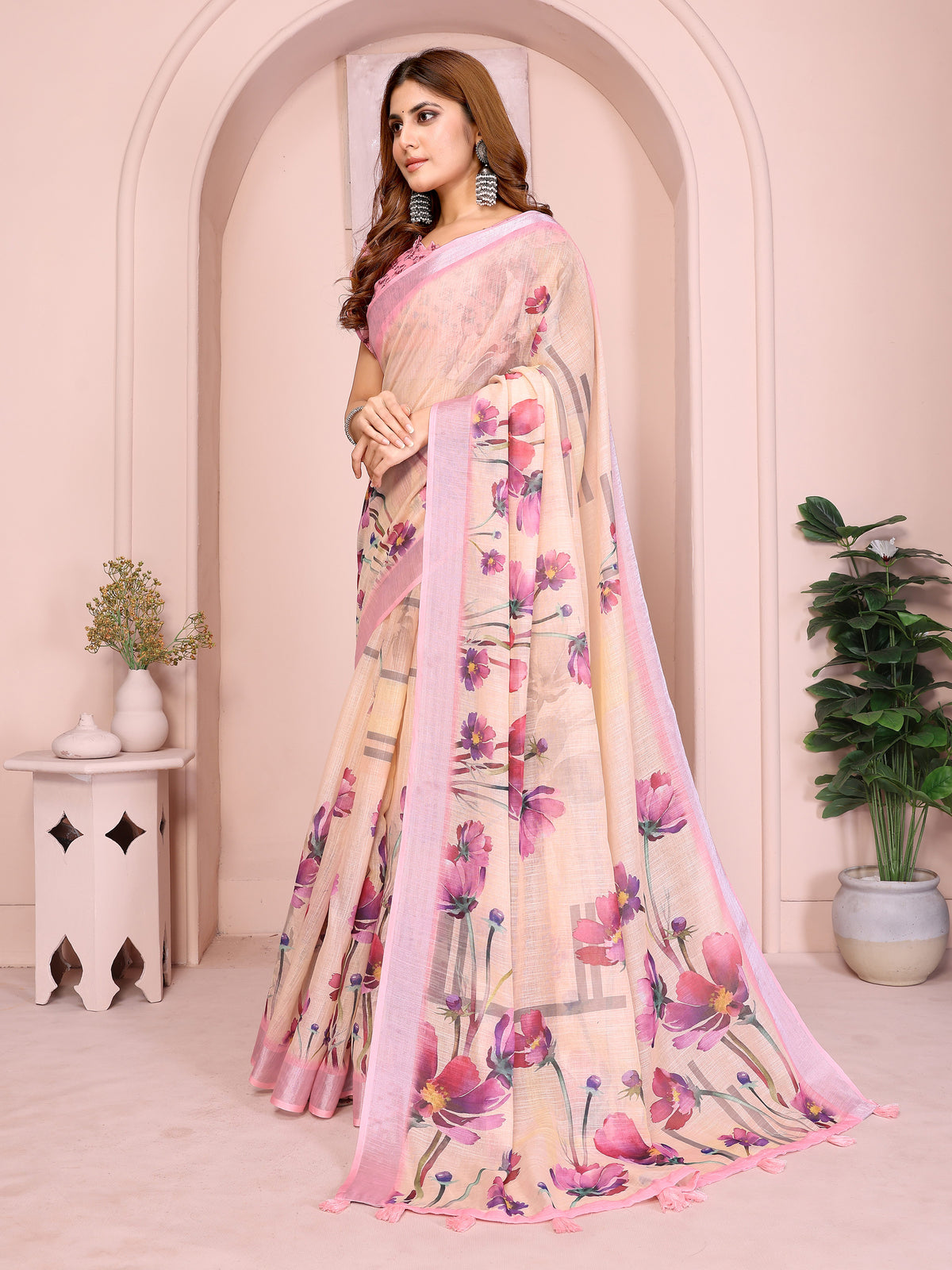 Peach Linen Cotton Floral Print Saree with Blouse for Women