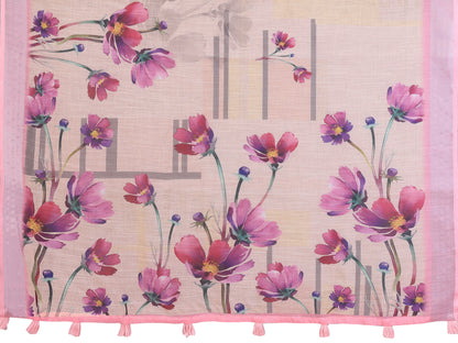 Peach Linen Cotton Floral Print Saree with Blouse for Women