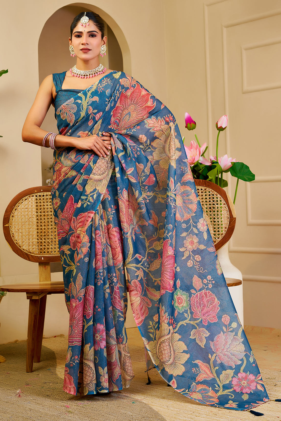 Blue Tissue Handloom Cotton Saree with Floral Digital Print for Women