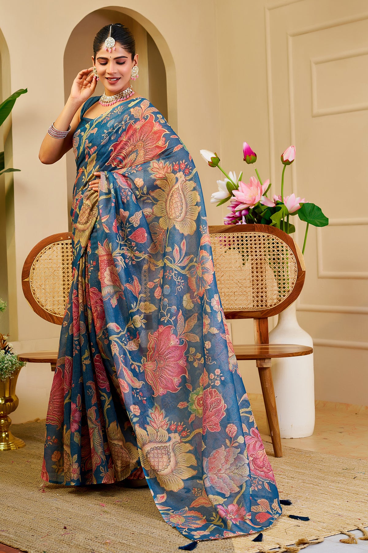 Blue Tissue Handloom Cotton Saree with Floral Digital Print for Women