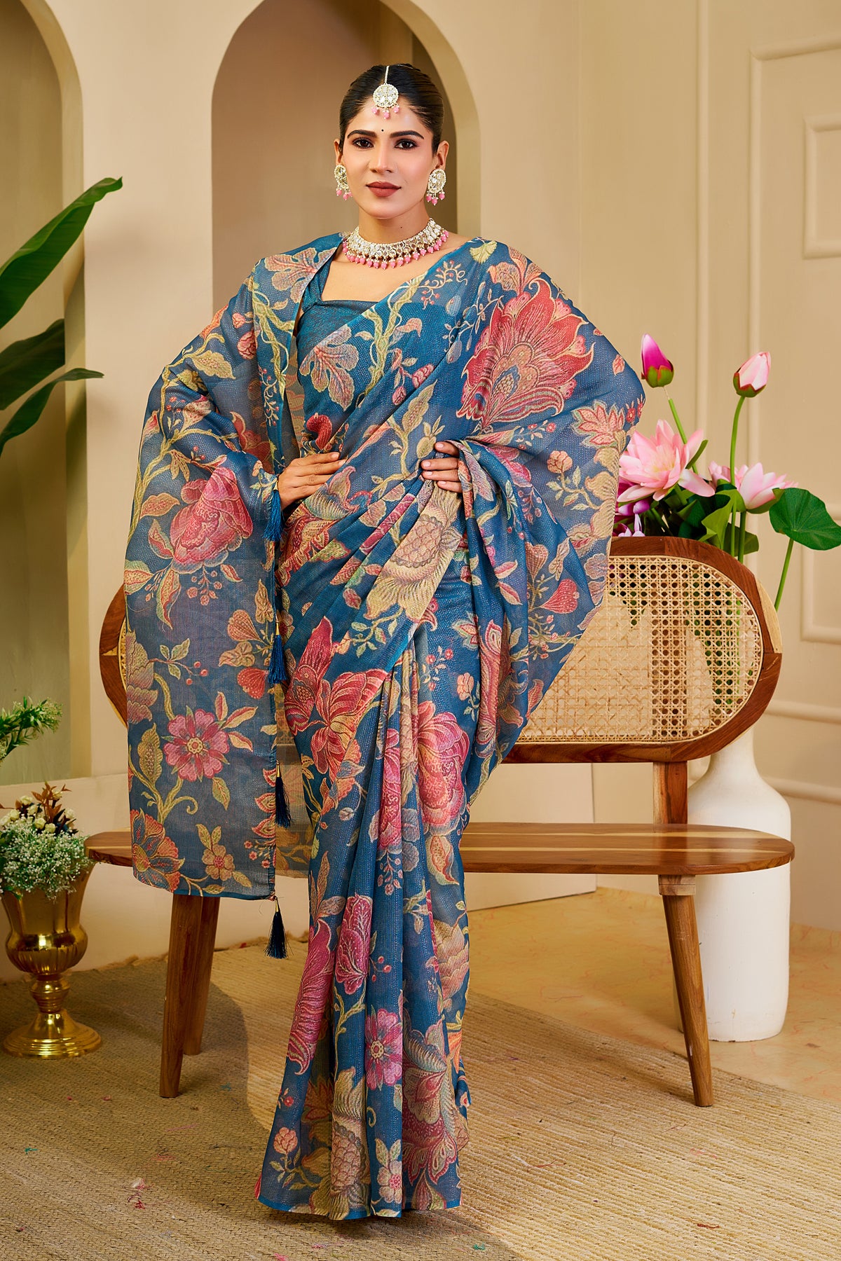 Blue Tissue Handloom Cotton Saree with Floral Digital Print for Women