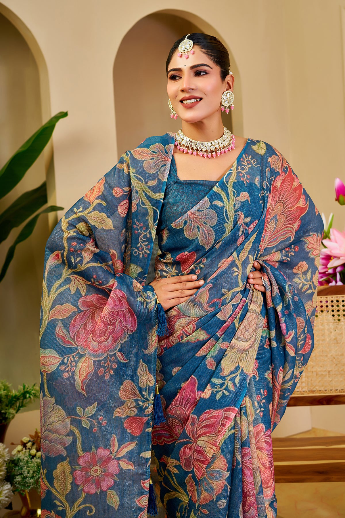 Blue Tissue Handloom Cotton Saree with Floral Digital Print for Women