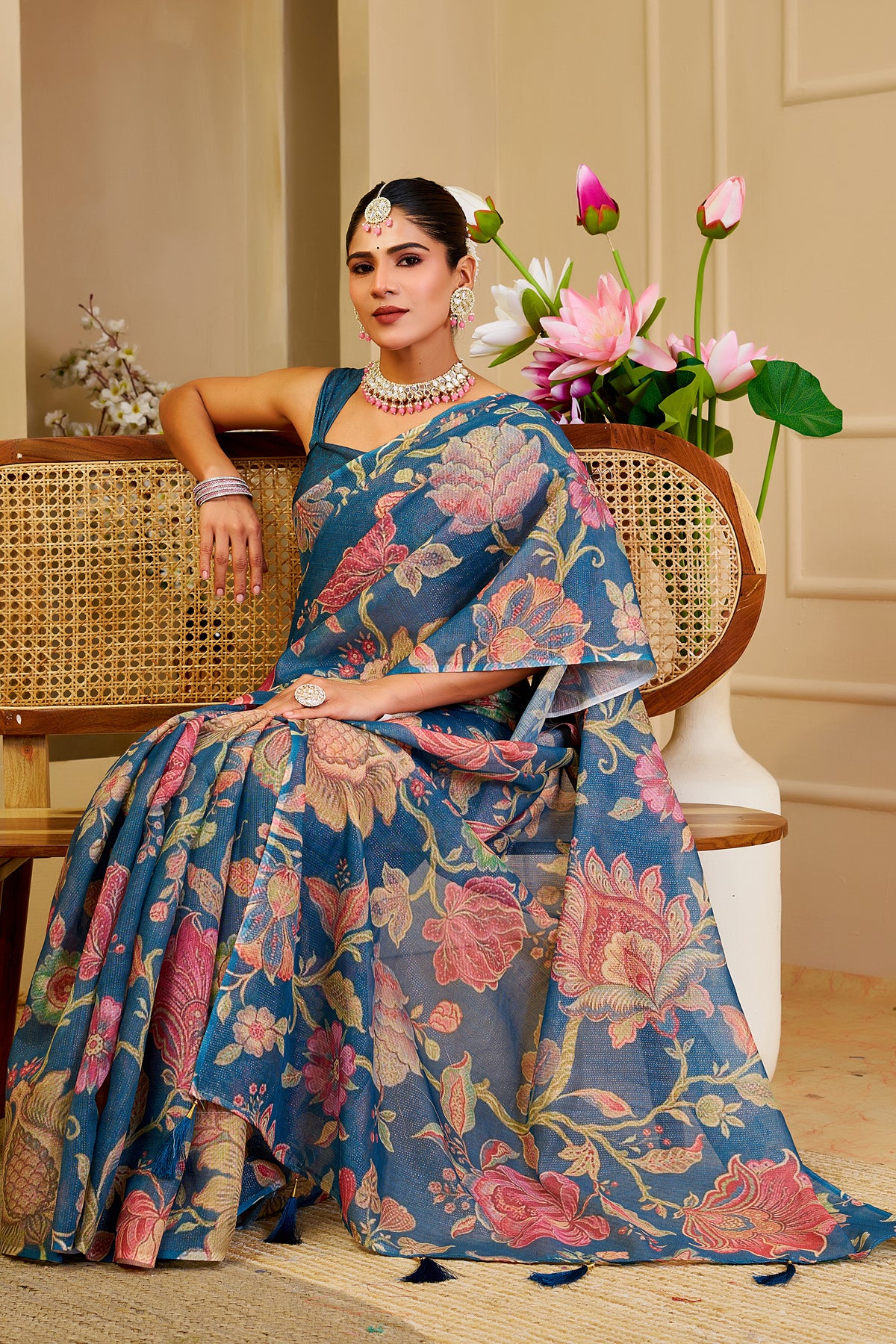 Blue Tissue Handloom Cotton Saree with Floral Digital Print for Women