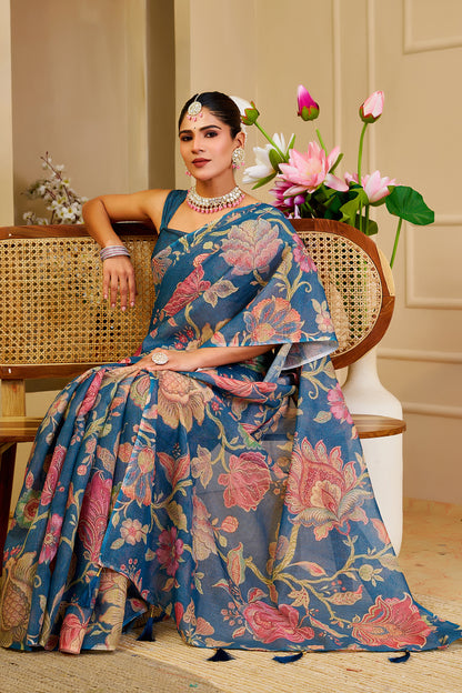 Blue Tissue Handloom Cotton Saree with Floral Digital Print for Women