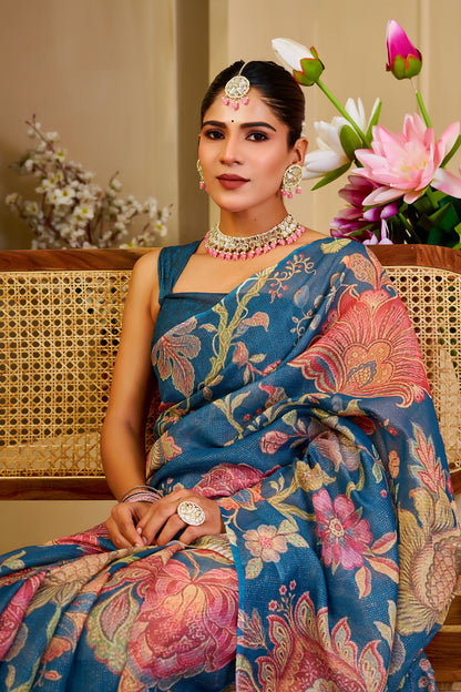 Blue Tissue Handloom Cotton Saree with Floral Digital Print for Women