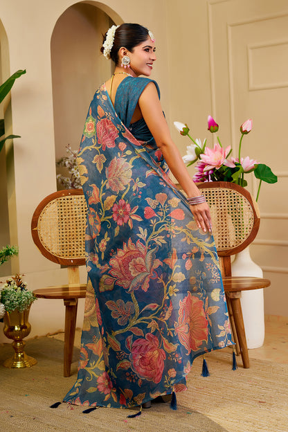 Blue Tissue Handloom Cotton Saree with Floral Digital Print for Women