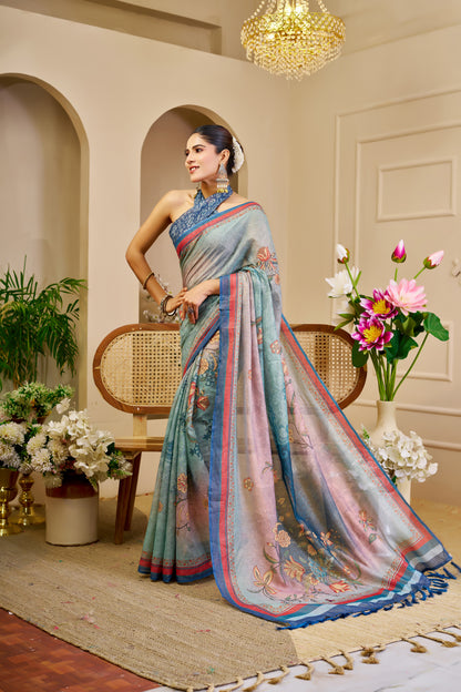 Sky Blue Tissue Handloom Cotton Saree with Floral Print for Women