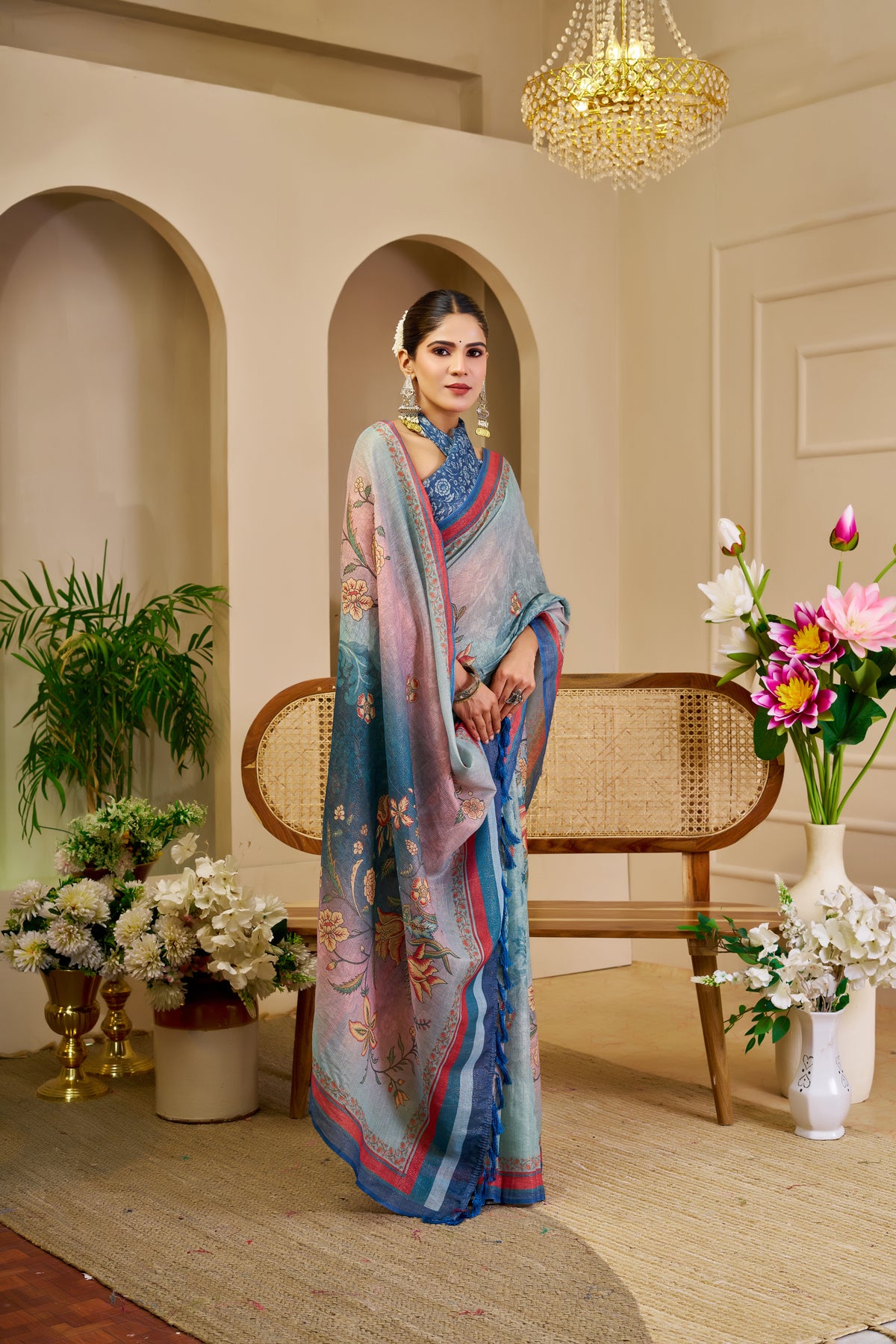 Sky Blue Tissue Handloom Cotton Saree with Floral Print for Women