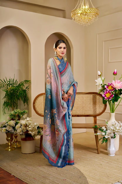 Sky Blue Tissue Handloom Cotton Saree with Floral Print for Women