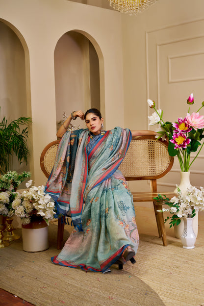 Sky Blue Tissue Handloom Cotton Saree with Floral Print for Women