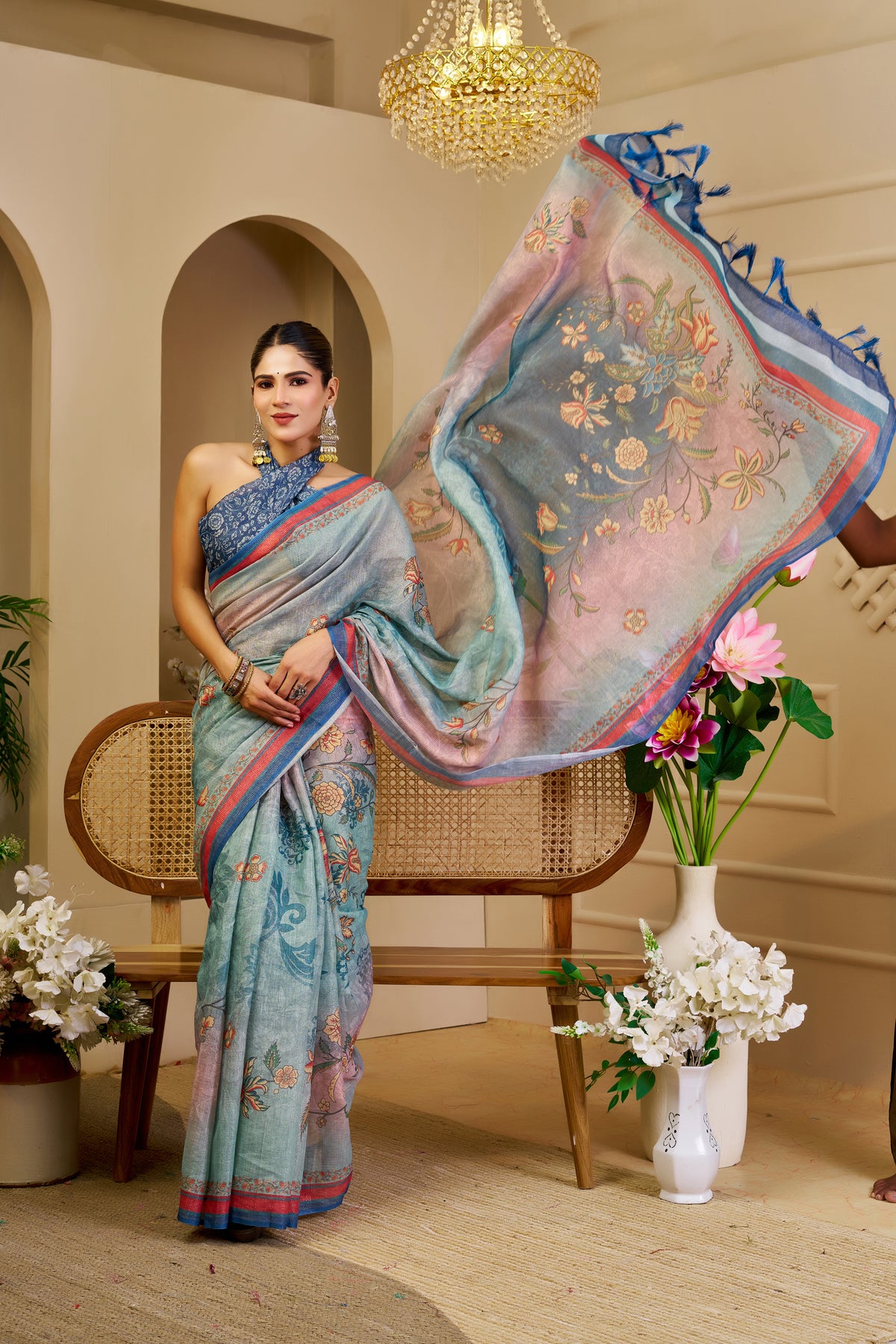 Sky Blue Tissue Handloom Cotton Saree with Floral Print for Women
