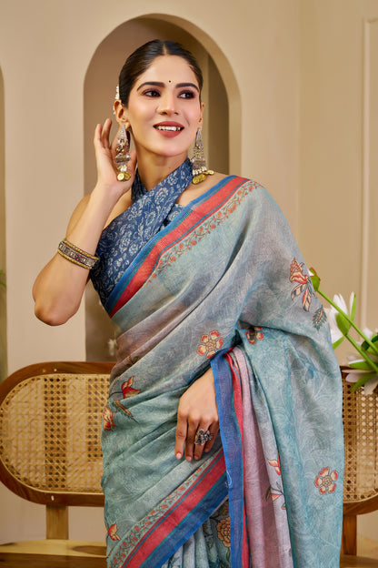 Sky Blue Tissue Handloom Cotton Saree with Floral Print for Women