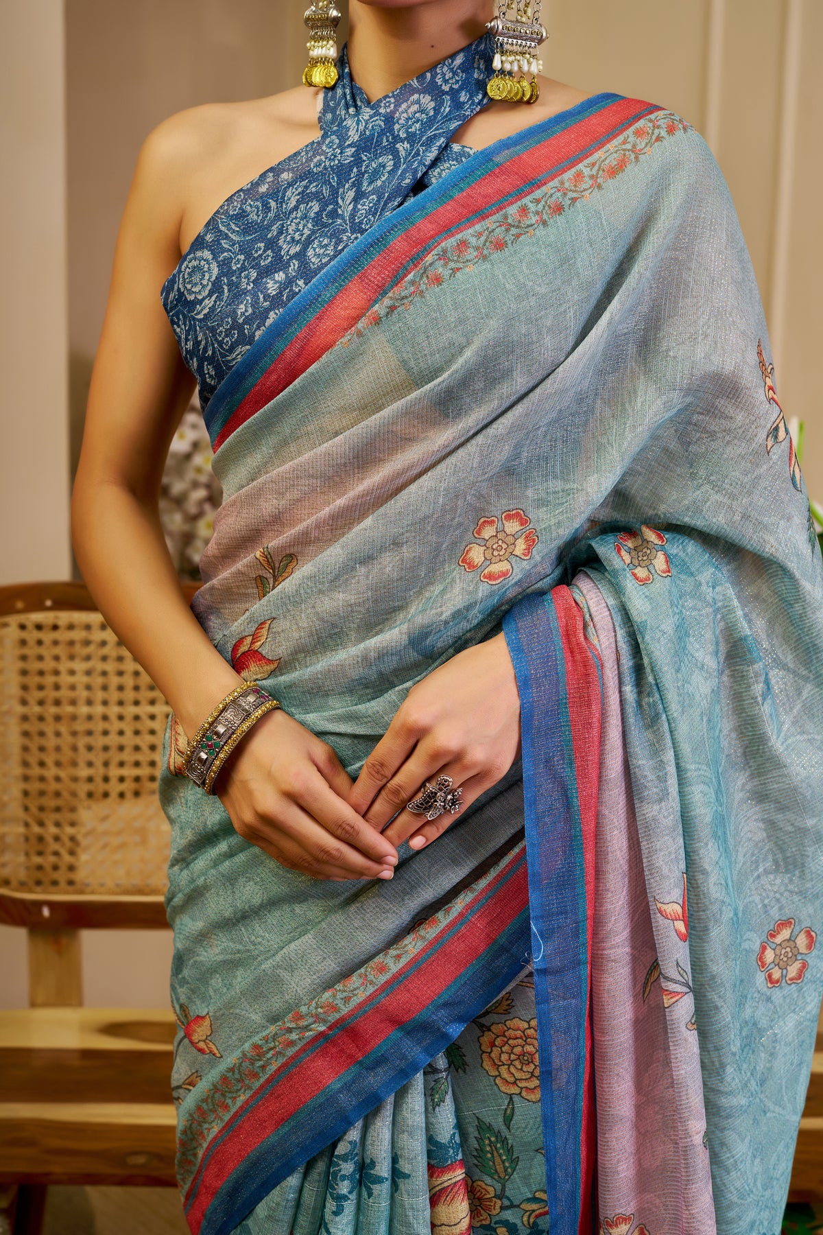 Sky Blue Tissue Handloom Cotton Saree with Floral Print for Women