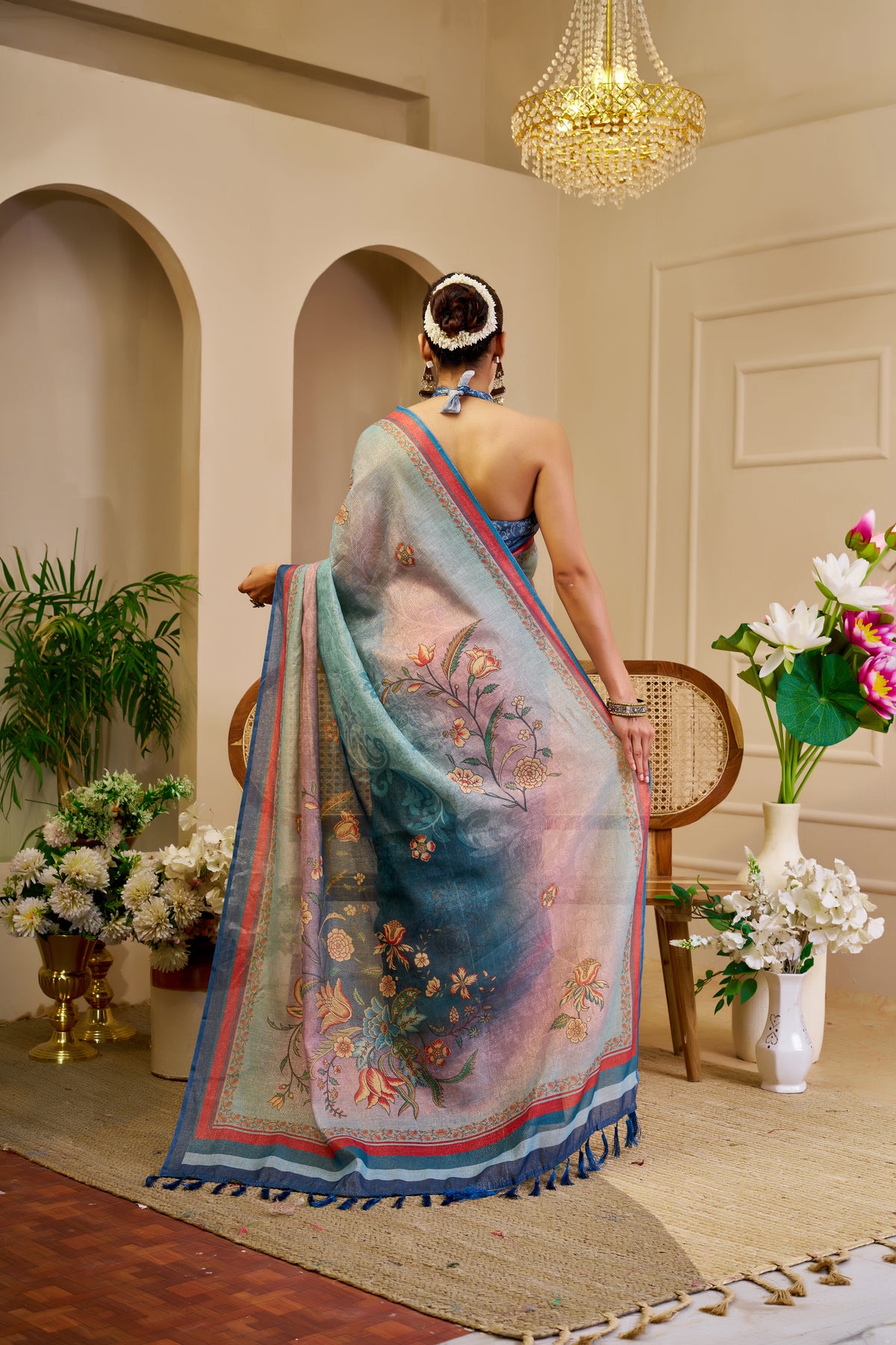 Sky Blue Tissue Handloom Cotton Saree with Floral Print for Women
