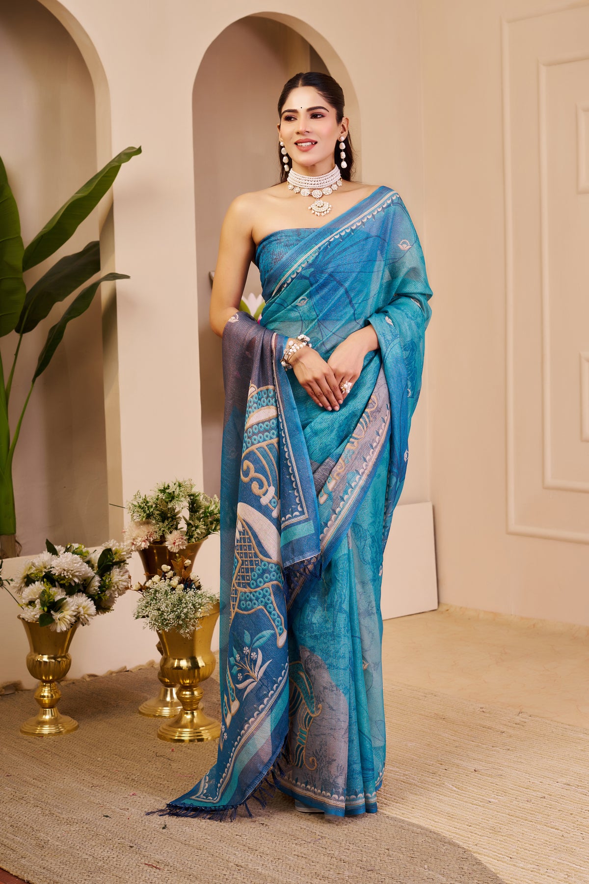 Blue Tissue Handloom Cotton Saree with Floral Print for Women 2
