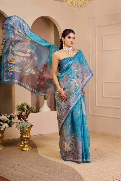 Blue Tissue Handloom Cotton Saree with Floral Print for Women 2