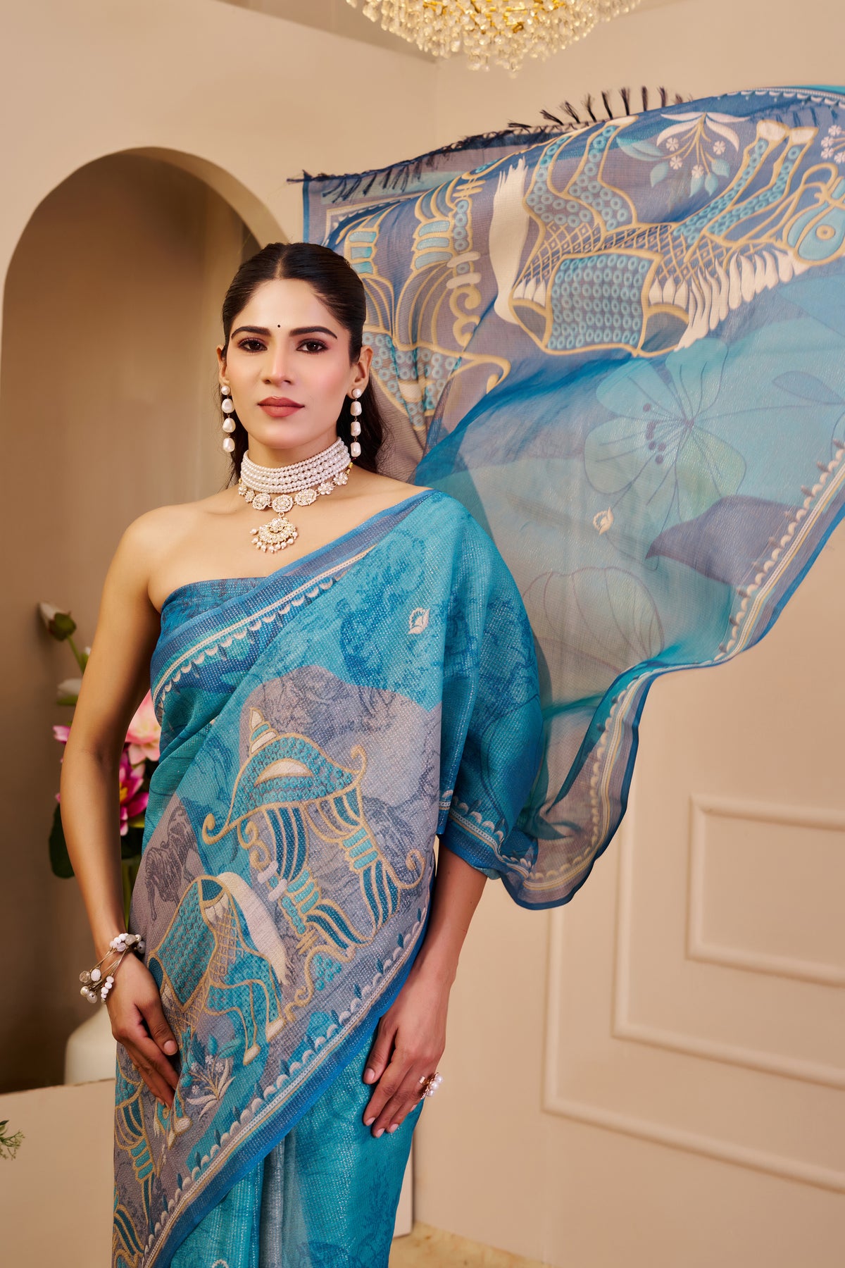 Blue Tissue Handloom Cotton Saree with Floral Print for Women 2