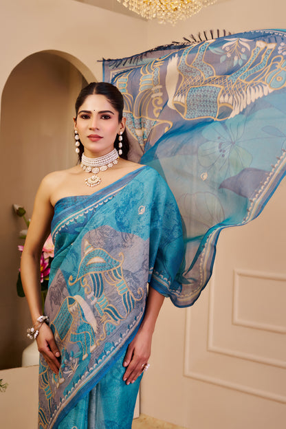 Blue Tissue Handloom Cotton Saree with Floral Print for Women 2