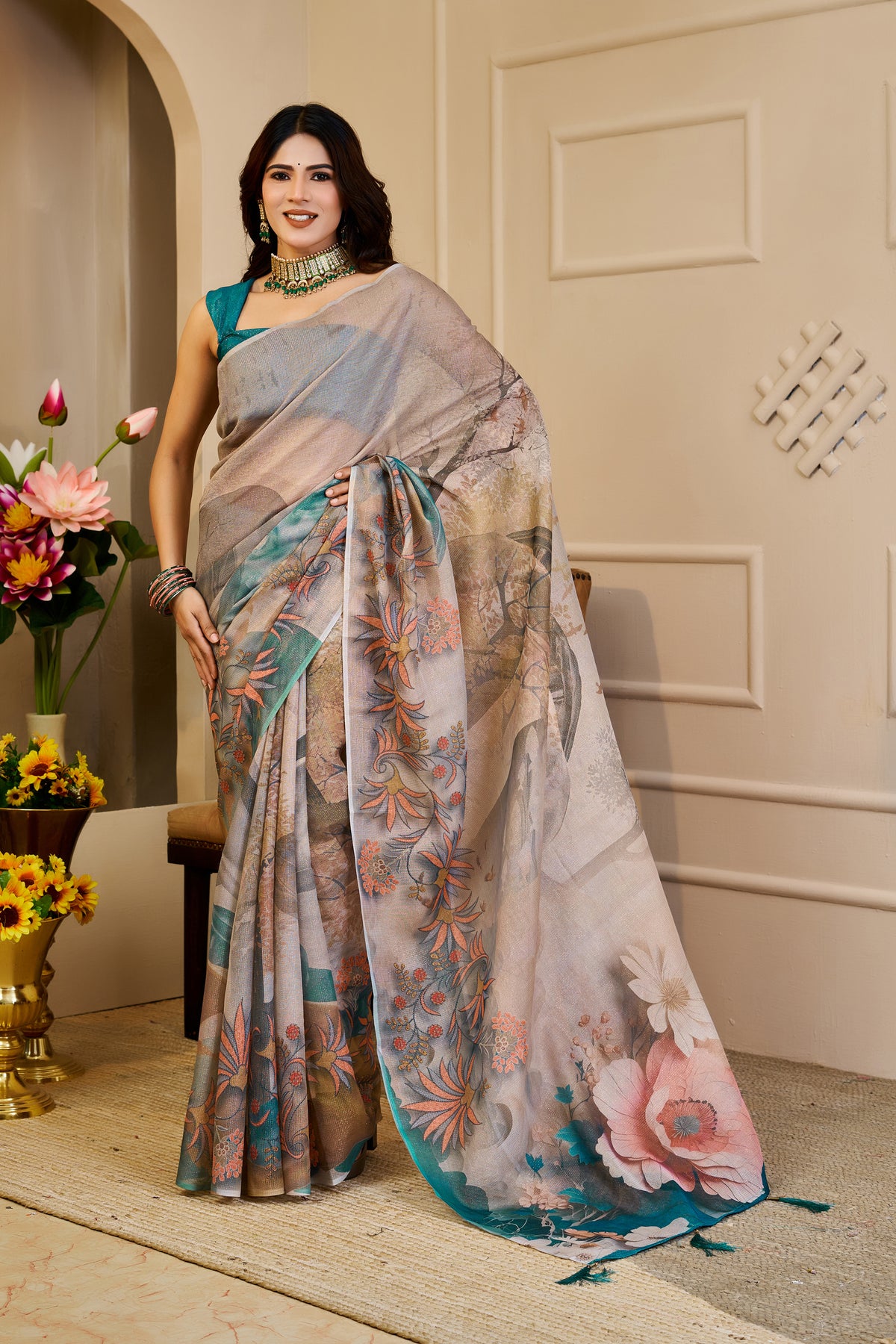 Cream Tissue Handloom Cotton Saree with Floral Zari Shimmer for Women