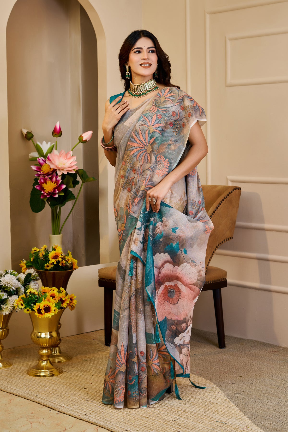 Cream Tissue Handloom Cotton Saree with Floral Zari Shimmer for Women