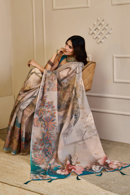 Cream Tissue Handloom Cotton Saree with Floral Zari Shimmer for Women